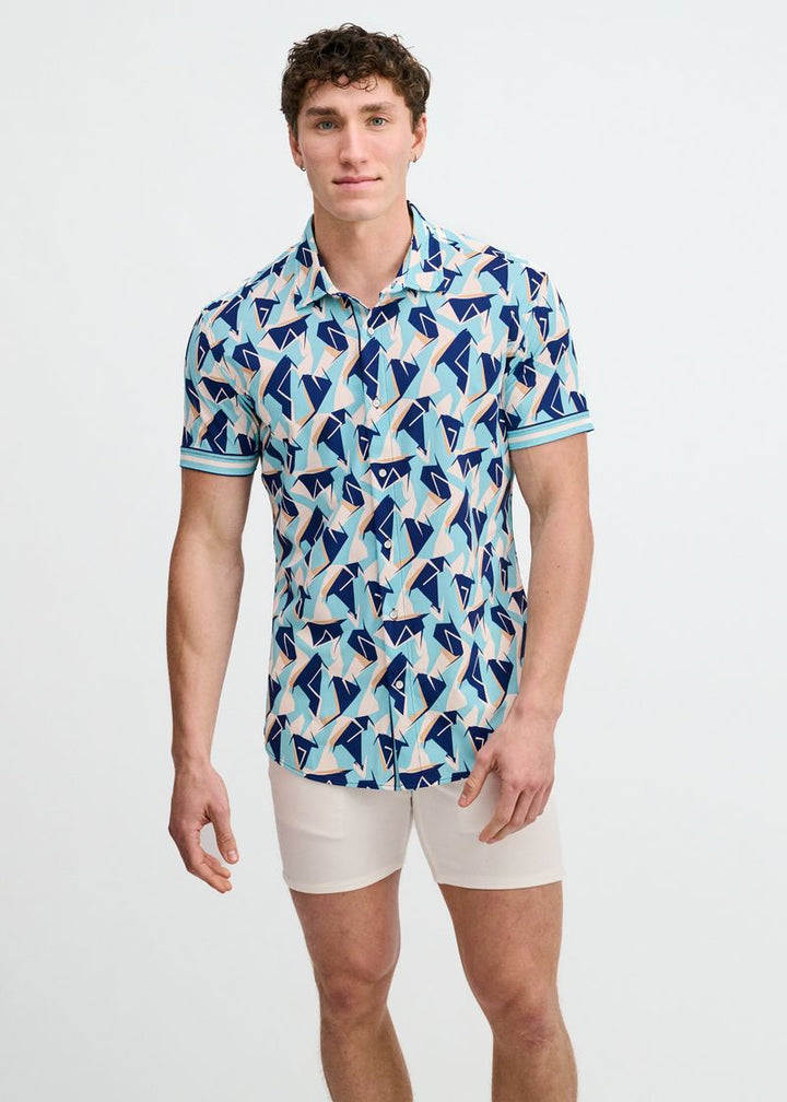 Mirage/Cobalt Abstract Printed Performance Stretch Short Sleeve Shirt W/Placket Detail St-26025