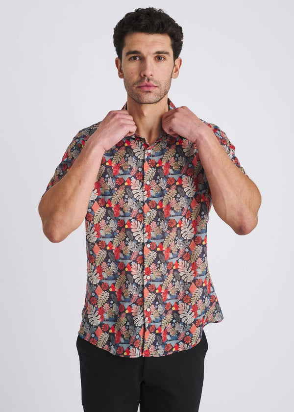 Lightweight Linen/Tencel Short Sleeve Shirt Navy/Sage Leaves