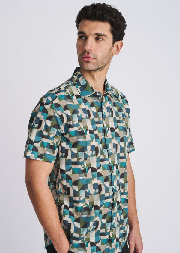 Geometric Printed Lightweight Short Sleeve Shirt Forest/Olive Geometric