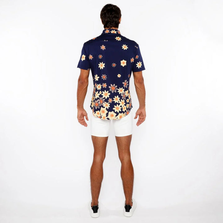 Navy/Yellow Sunflowers Border Print Cotton Jersey Knit Short Sleeve Shirt