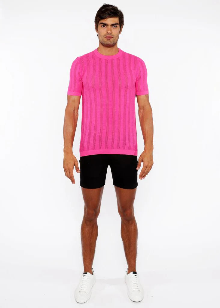 Hot Pink Textured Knitted Crew Tee St-24304