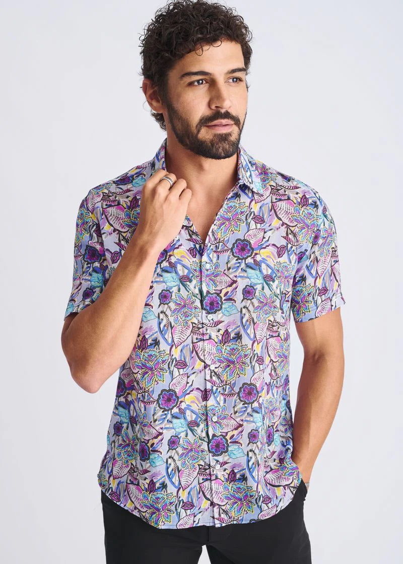 Periwinkle/Violet Floral Printed Lightweight Linen/Tencel Short Sleeve Shirt PM-45040