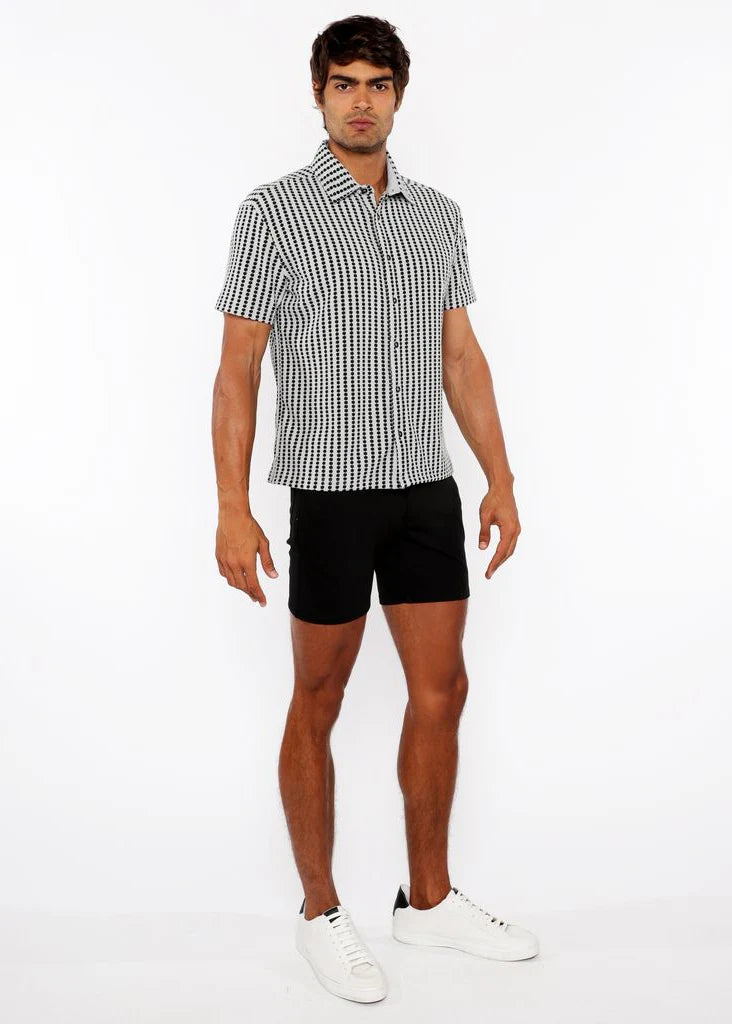 Grey/Fatigue Stripe Stretch Open Knit Short Sleeve Shirt St-24062