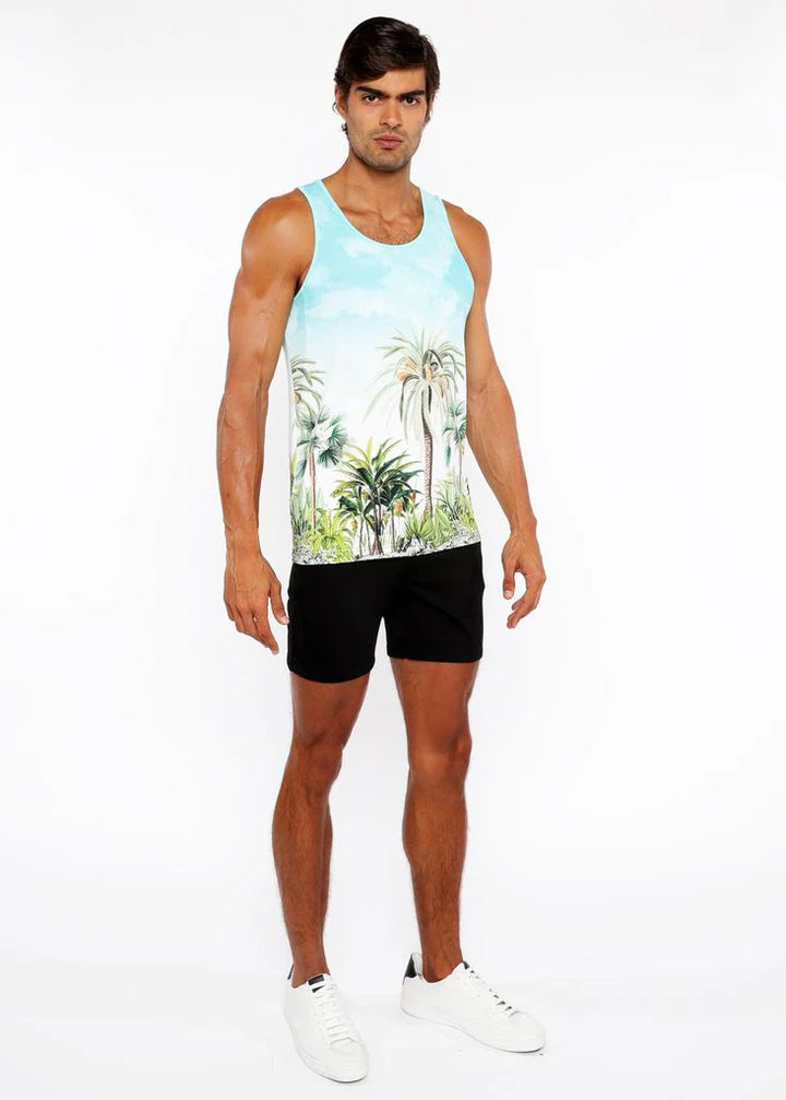 Teal/Green Palm Trees Printed Stretch Mesh Tank Top St-11136