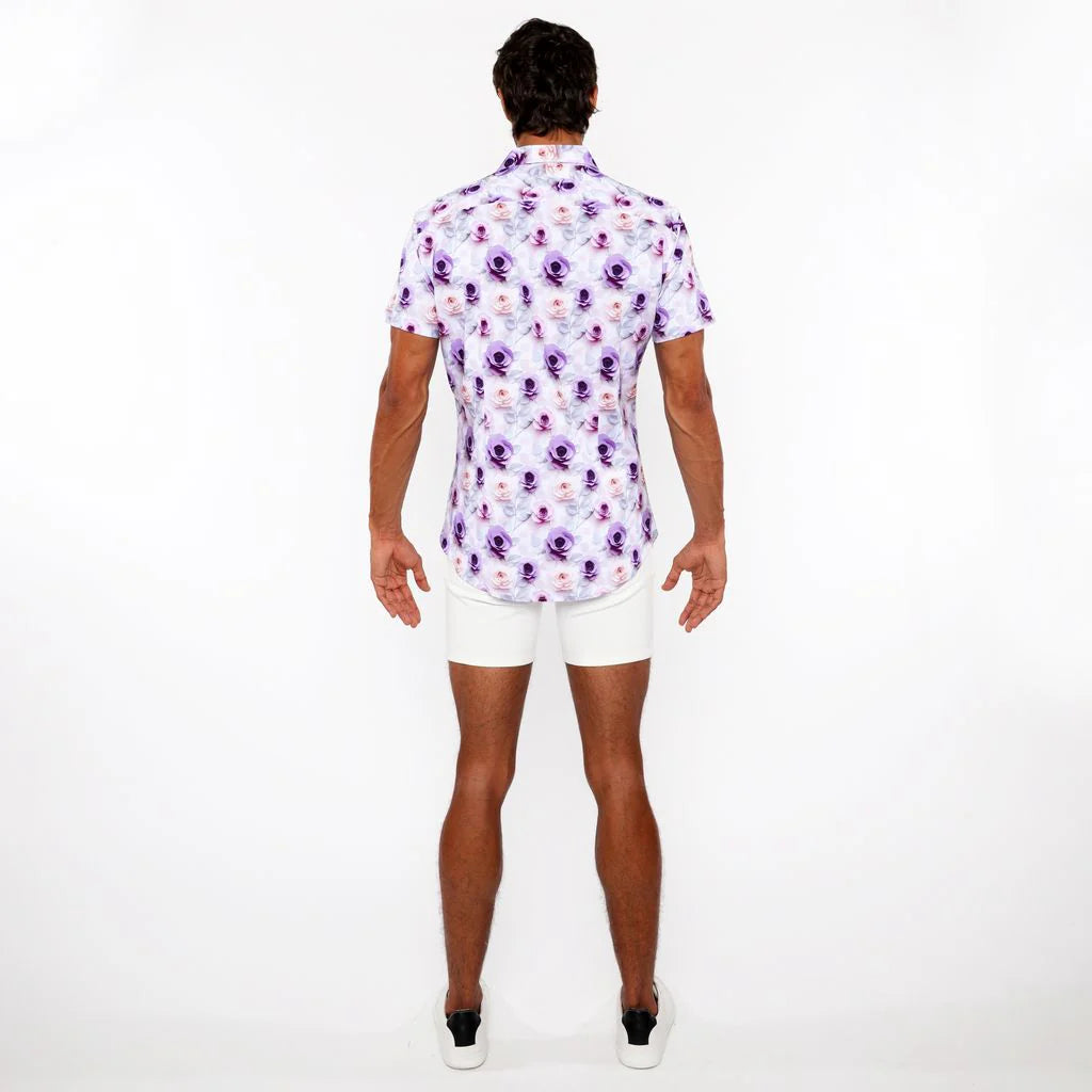 Purple/Jade Roses 3D Print Cotton Jersey Knit Short Sleeve Shirt W/Contrast Stripe Placket St-9325