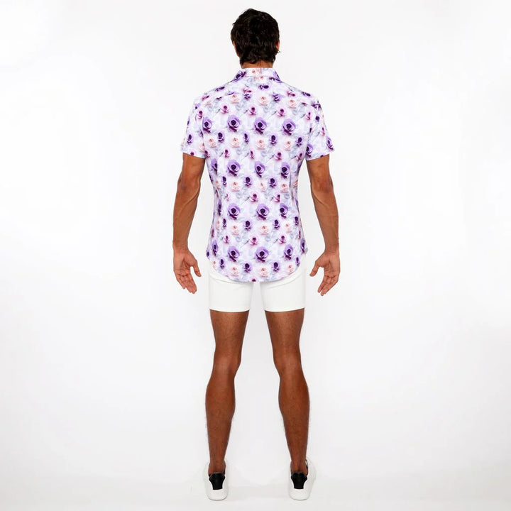Purple/Jade Roses 3D Print Cotton Jersey Knit Short Sleeve Shirt W/Contrast Stripe Placket St-9325