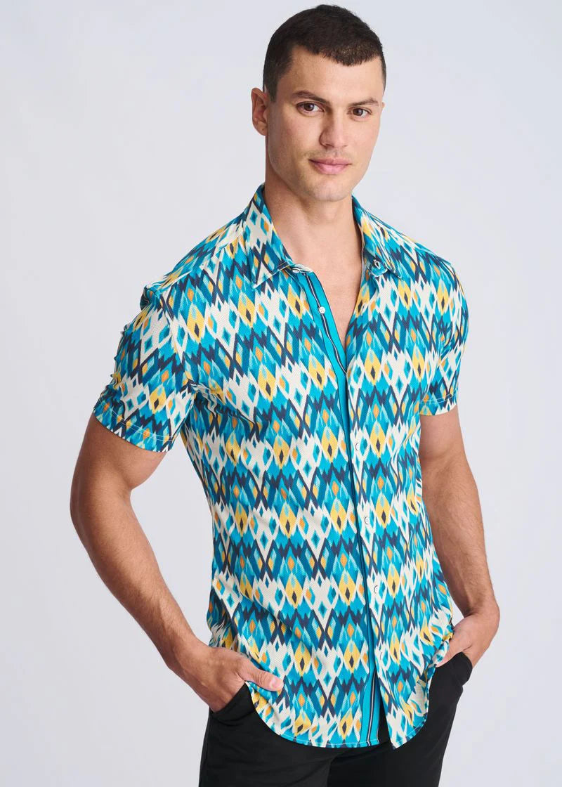 Teal/Gold Diamonds Printed Performance Short Sleeve Shirt W/ Contrast Placket PM-76113