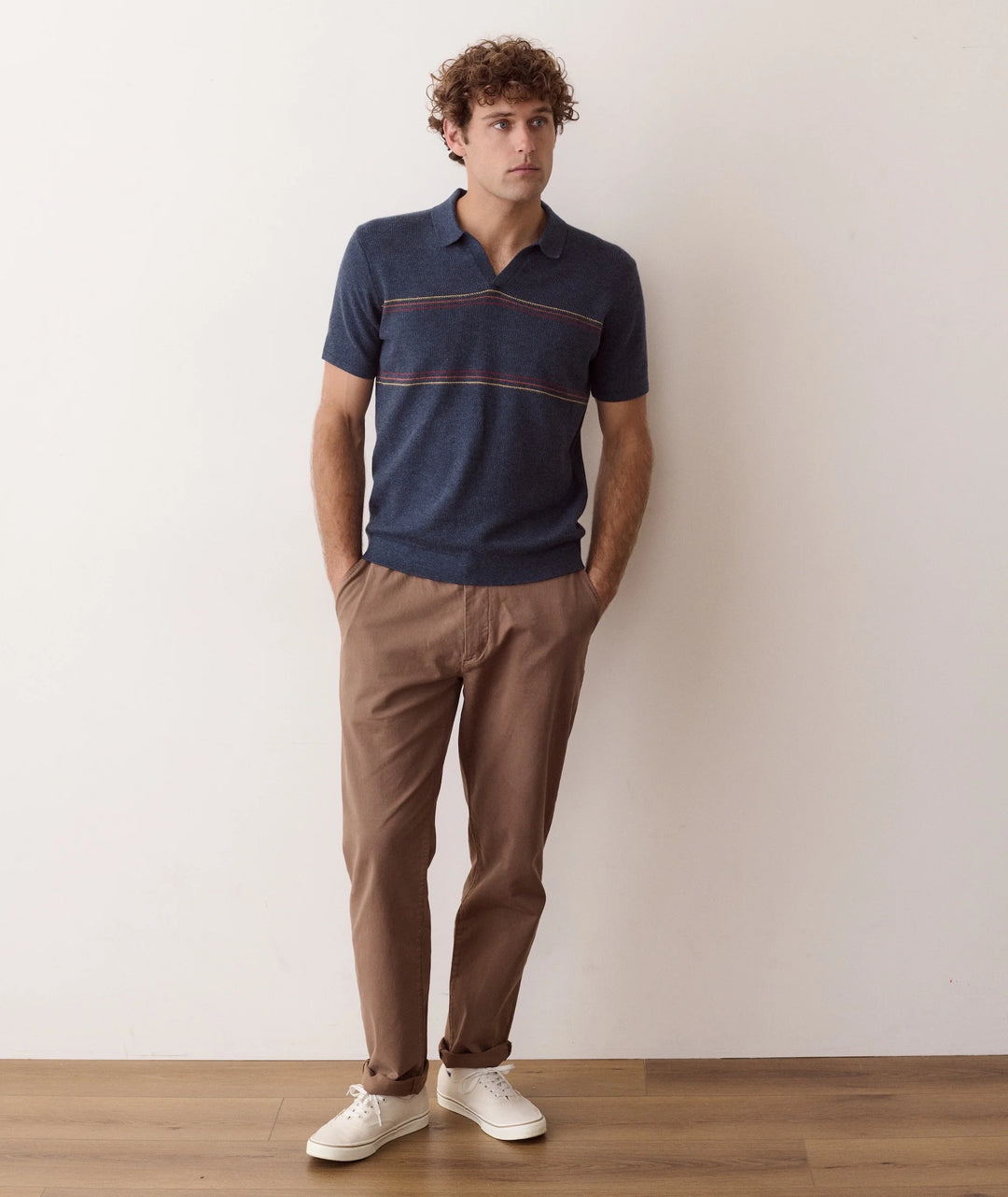Liam Short Sleeve Sweater Polo Navy Sunset Stripe