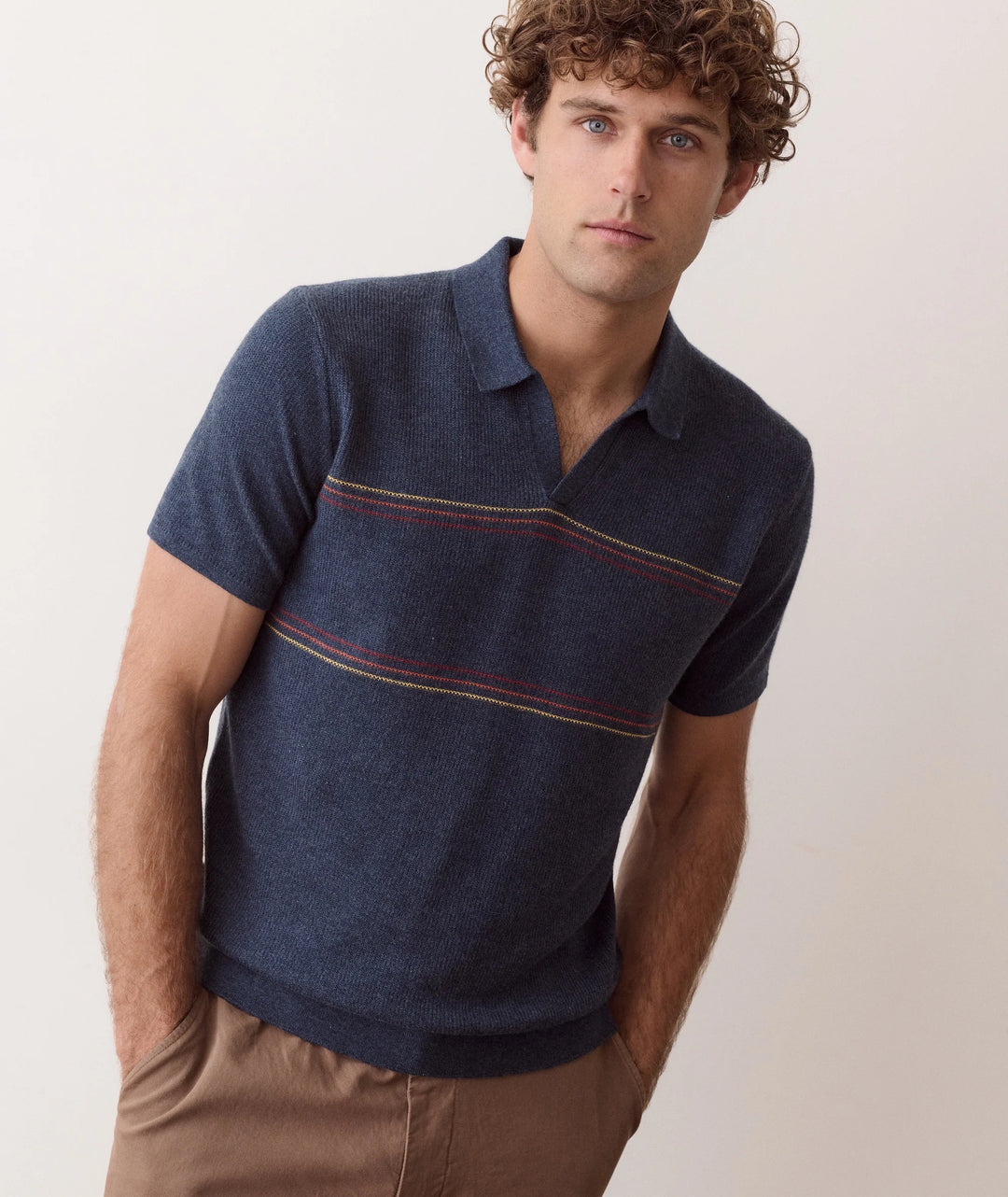 Liam Short Sleeve Sweater Polo Navy Sunset Stripe