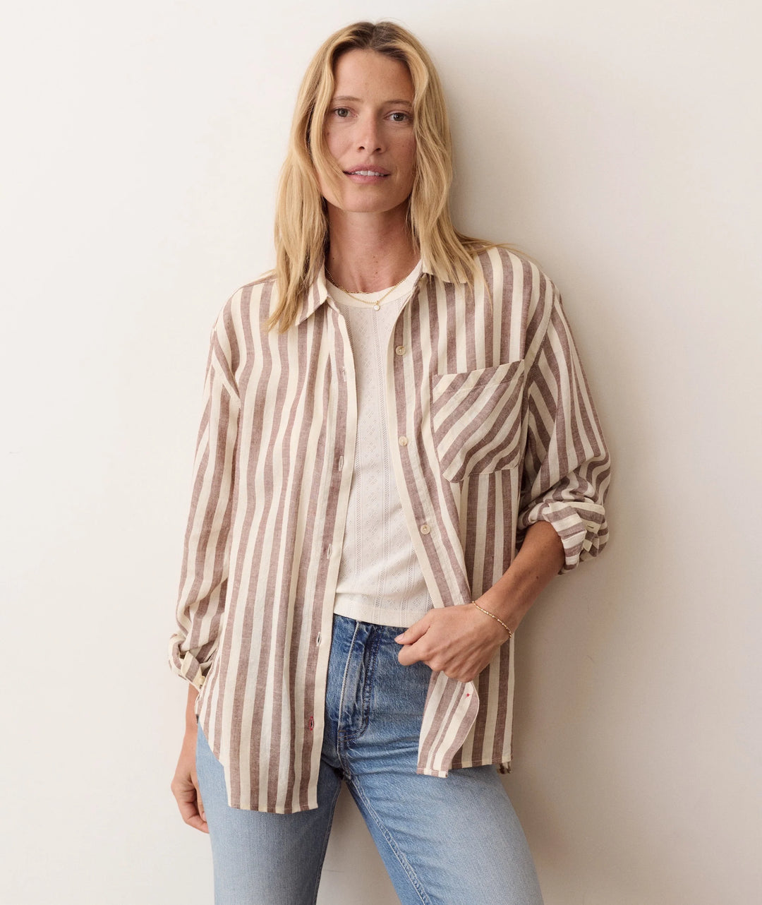 Jane Relaxed Linen Shirt - Brown/White Stripe