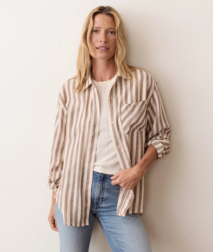 Jane Relaxed Linen Shirt - Brown/White Stripe