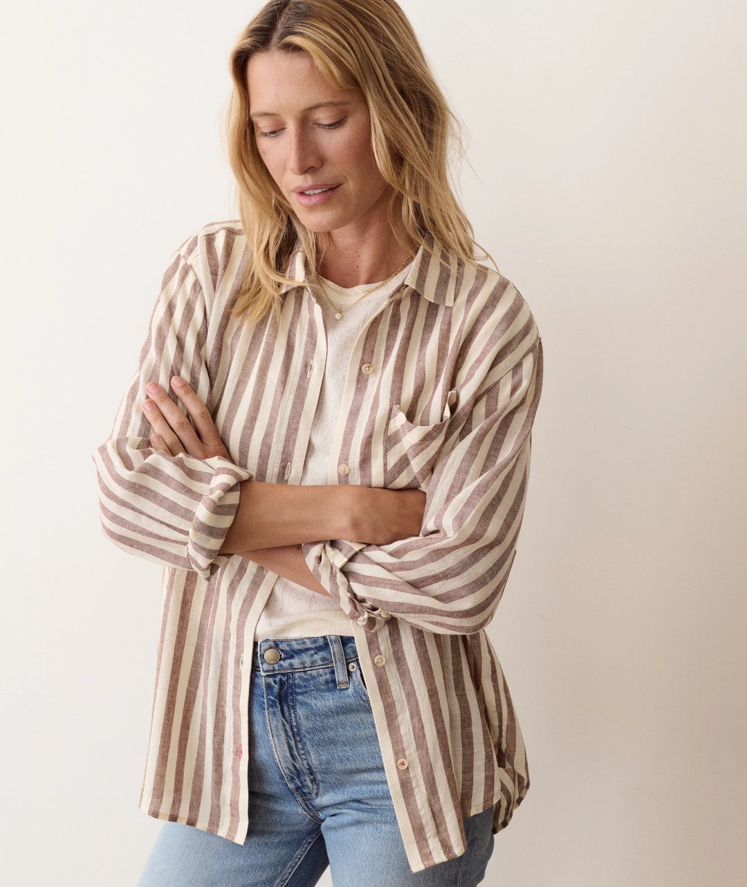Jane Relaxed Linen Shirt - Brown/White Stripe