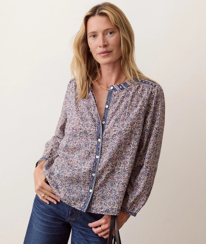 Vivian Button Through Blouse - Blue Floral