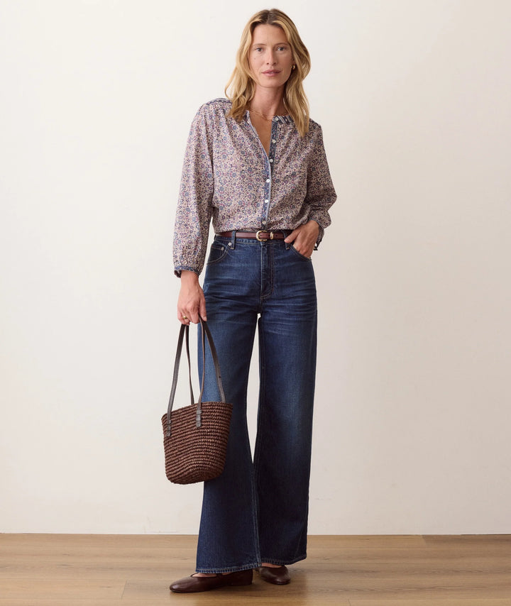 Vivian Button Through Blouse - Blue Floral