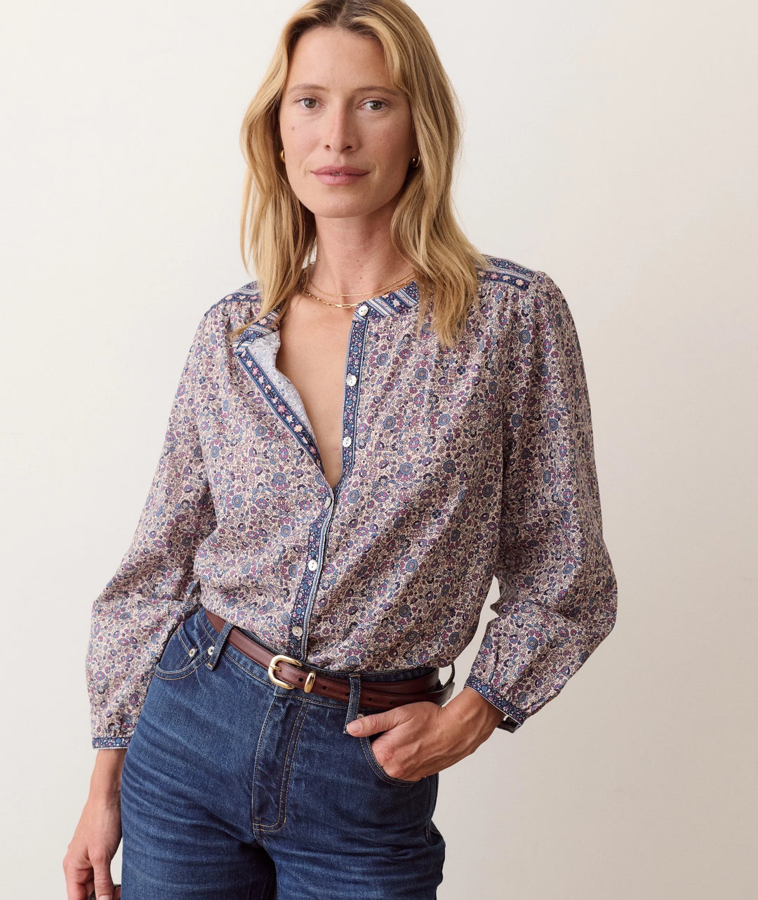 Vivian Button Through Blouse - Blue Floral
