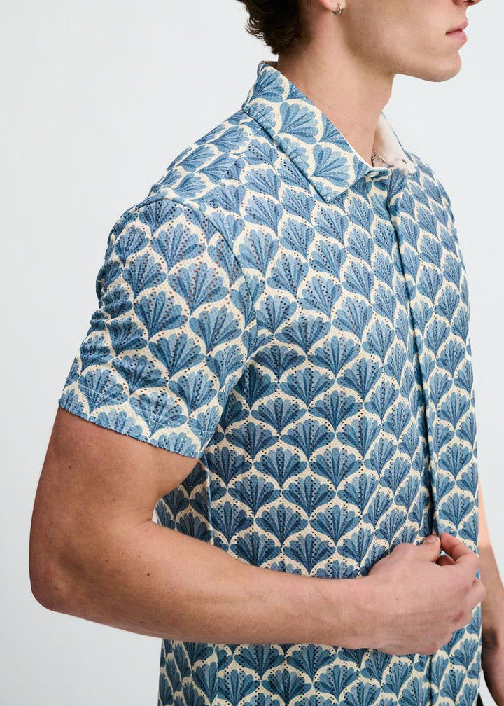 Slate/Blue Floral Printed Open Knit Stretch Short Sleeve Shirt St-48077