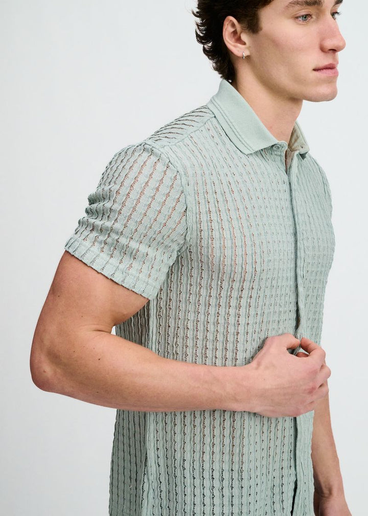 Ocean Open Knit Short Sleeve Shirt W/Rib Collar St-24076