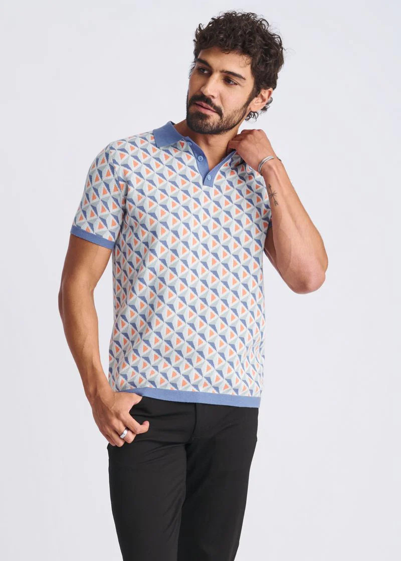 Slate/Blue Triangles Jacquard Cotton 3-Button Knit Polo PM-16327