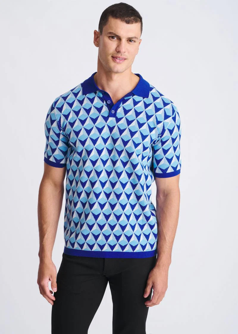 Blue/Cobalt Pyramids Jacquard Cotton 3-Button Knit Polo PM-16326
