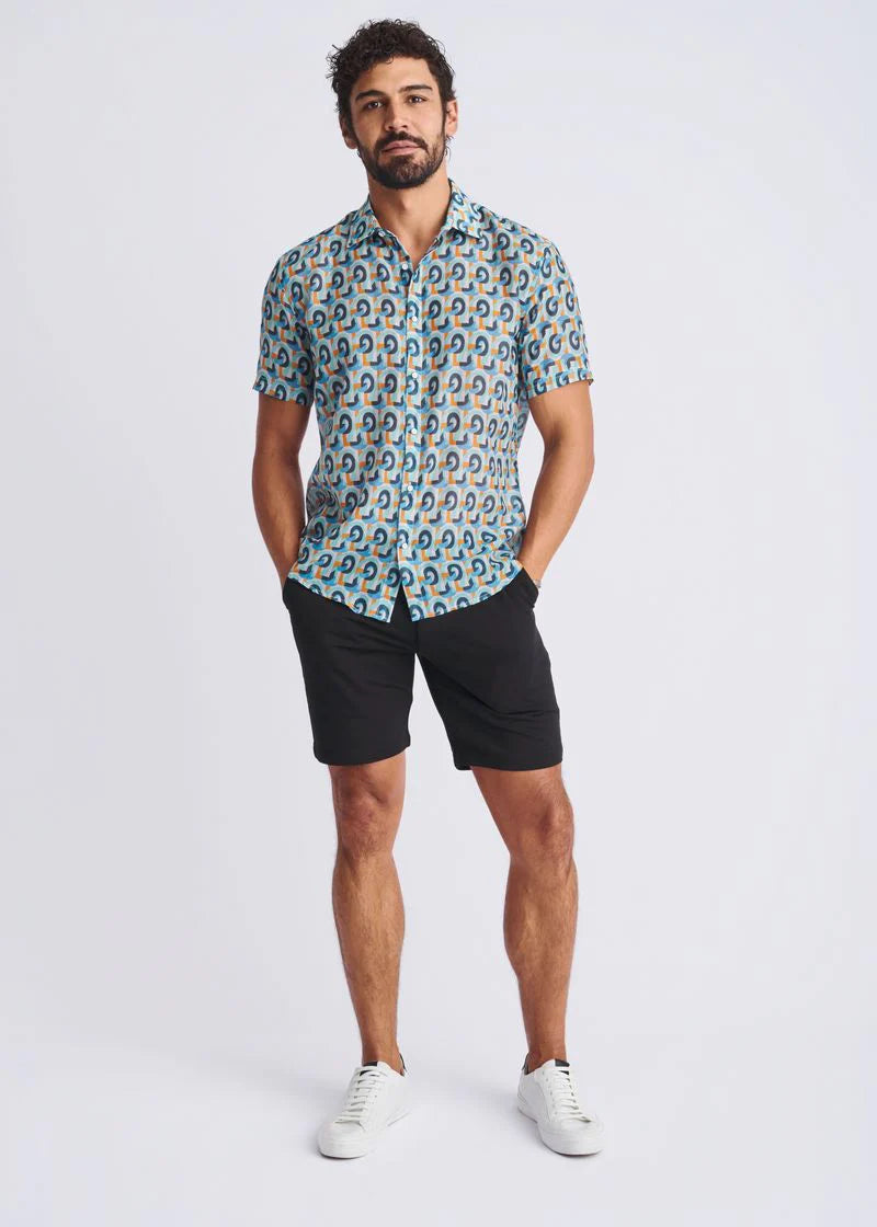 Teal/Orange Swirls Printed Lightweight Cotton/Silk Short Sleeve Shirt PM-46043