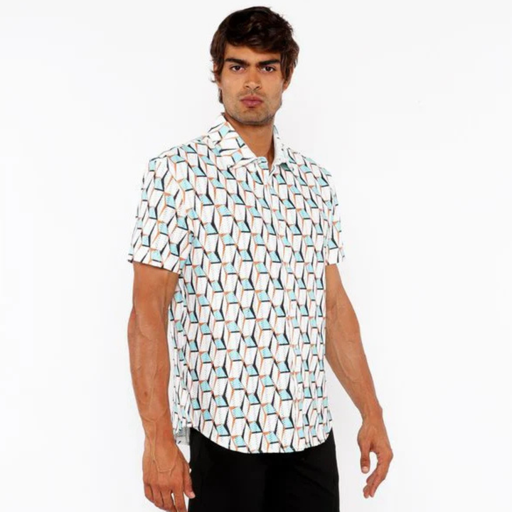 Stalk/Ochre 3D Boxes Printed Open Knit Stretch Short Sleeve Shirt St-48073