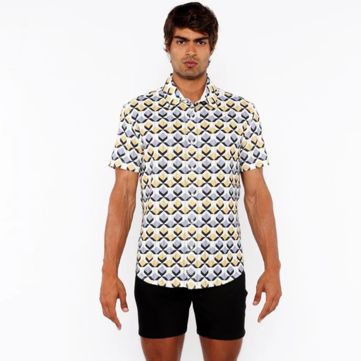 Gold/Silver Diamonds Printed Open Knit Stretch Short Sleeve Shirt St-48071