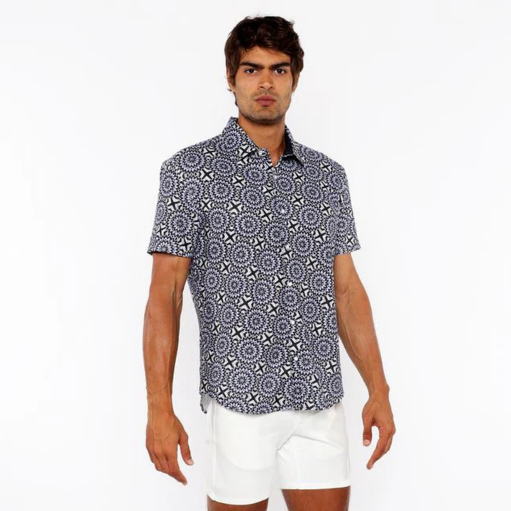 Midnight/Periwinkle Bursts Printed Open Knit Stretch Short Sleeve Shirt St-48072