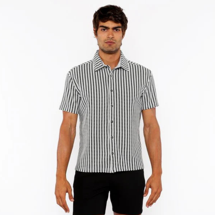Grey/Fatigue Stripe Stretch Open Knit Short Sleeve Shirt St-24062