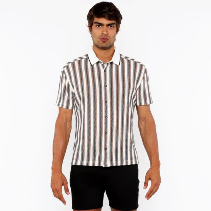 Off White/Midnight Stripe Stretch Open Knit Short Sleeve Shirt W/Rib Collar St-24064