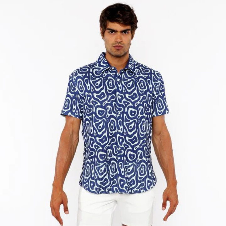 French Blue Squiggly Printed Open Knit Stretch Short Sleeve Shirt St-48070