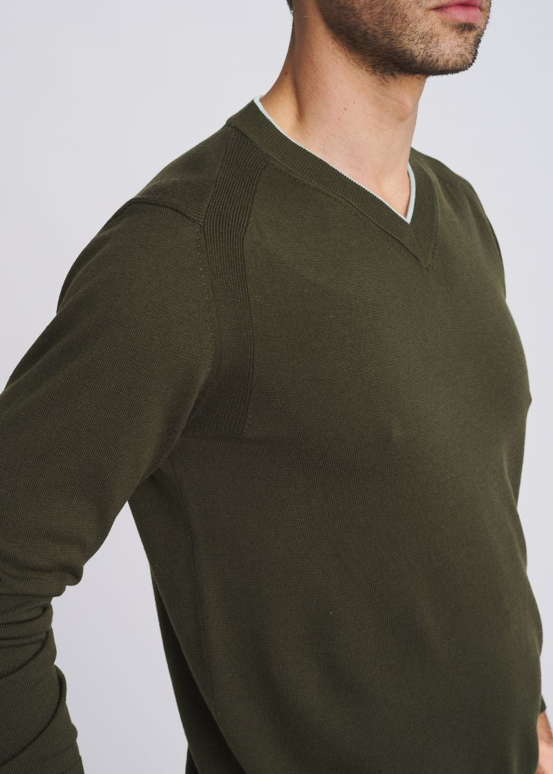 Contrast V-Neck Wool Blend Sweater