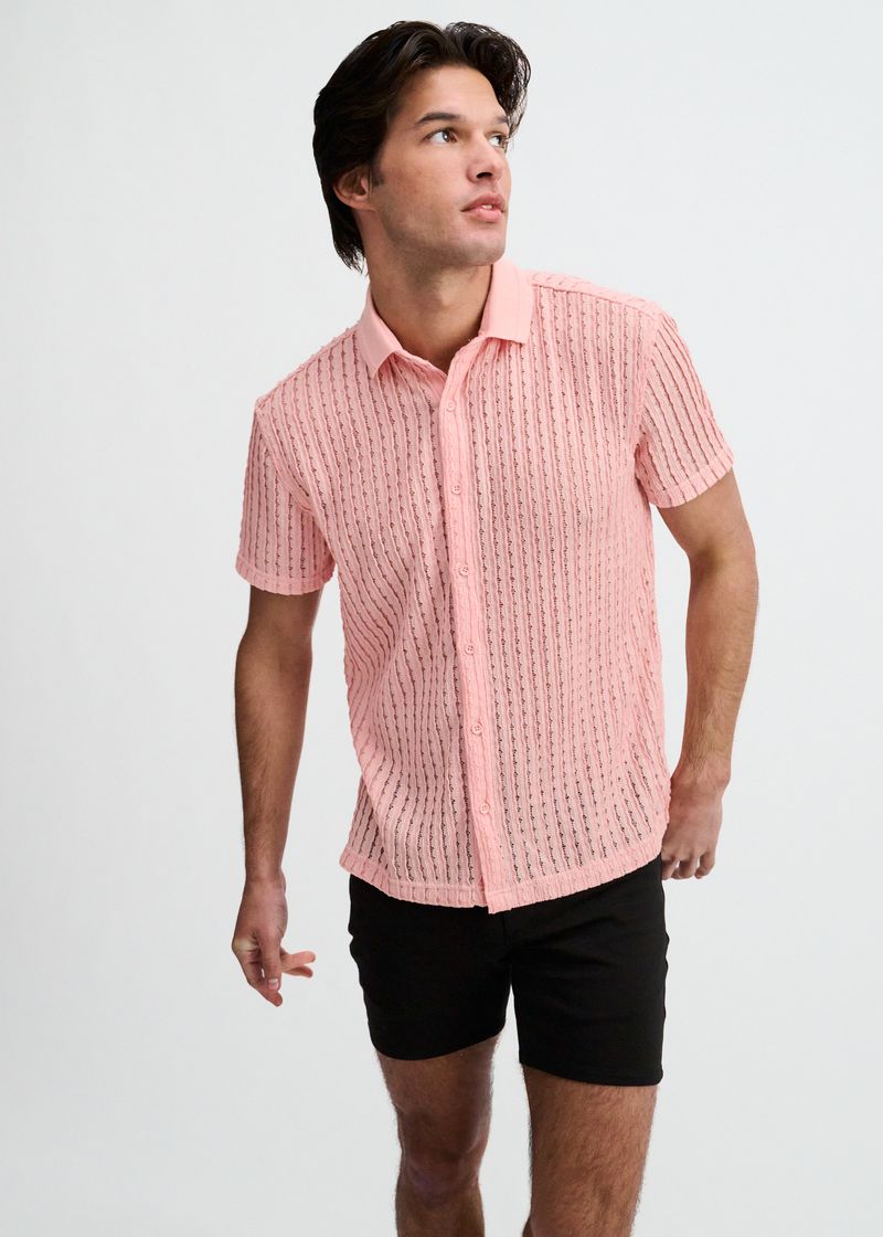 Pink Open Knit Short Sleeve Shirt W/Rib Collar St-24076