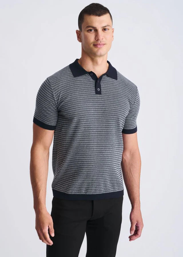 Off White/Navy Two Tone Textured Cotton 3-Button Knit Polo PM-16321