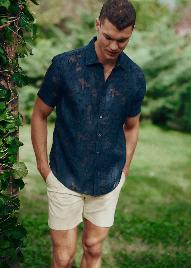 Navy Lightweight Jacquard Short Sleeve Shirt PM-51004