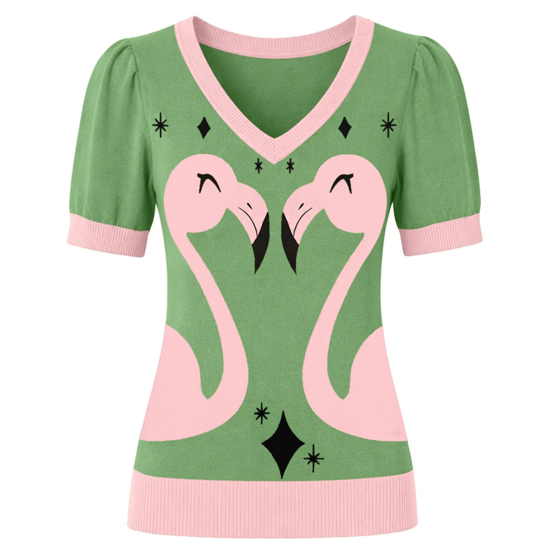 W Green Flamingo Jacquard Knit T-Shirt