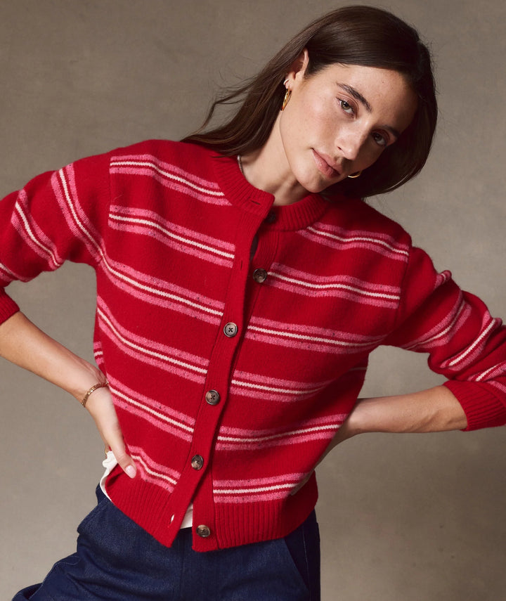 Merino Crewneck Cardigan Crimson & Pink Stripe