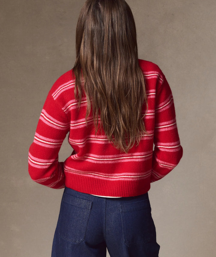 Merino Crewneck Cardigan Crimson & Pink Stripe