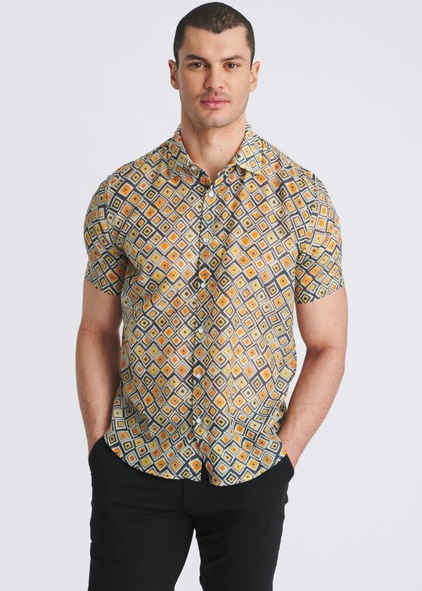 Lightweight Cotton/Silk Short Sleeve Shirt Gold/Navy Diamonds
