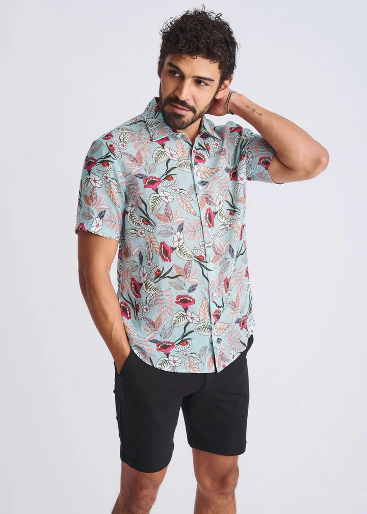 Cloud/Fuchsia Blossoms Printed Lightweight Linen/Tencel Short Sleeve Shirt PM-45038