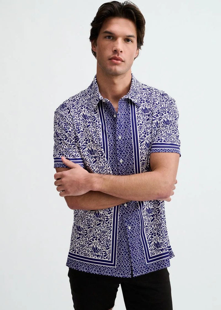 Navy/White Edge Print Cotton Knit Jersey Short Sleeve Shirt