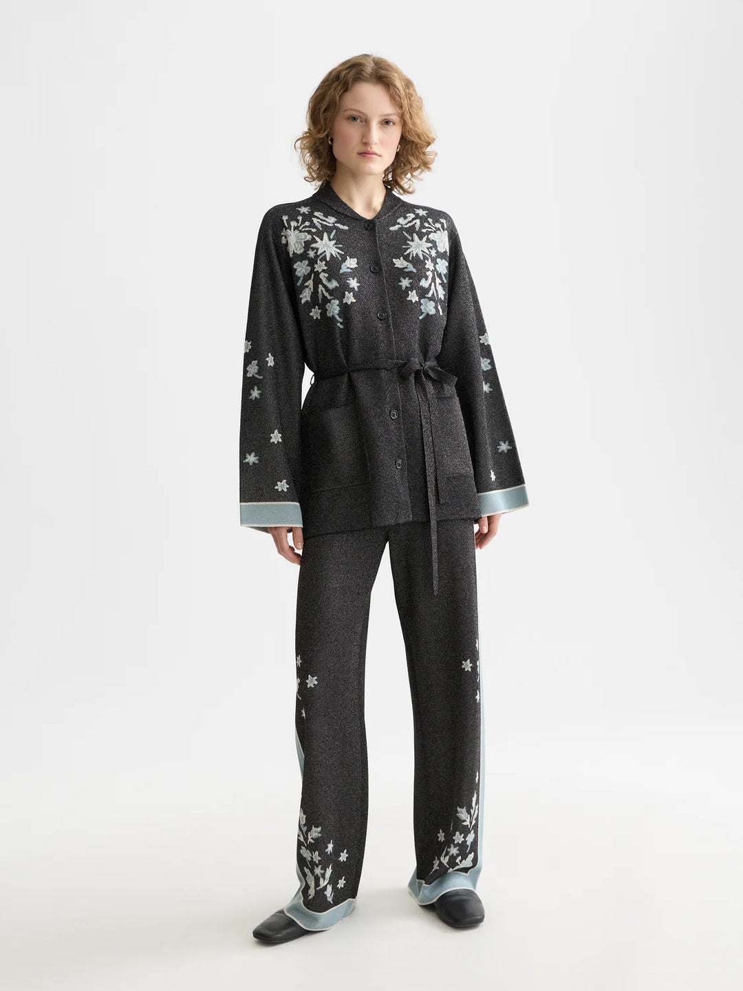 Jacquard Knitted Belted Jacket - Meteorite