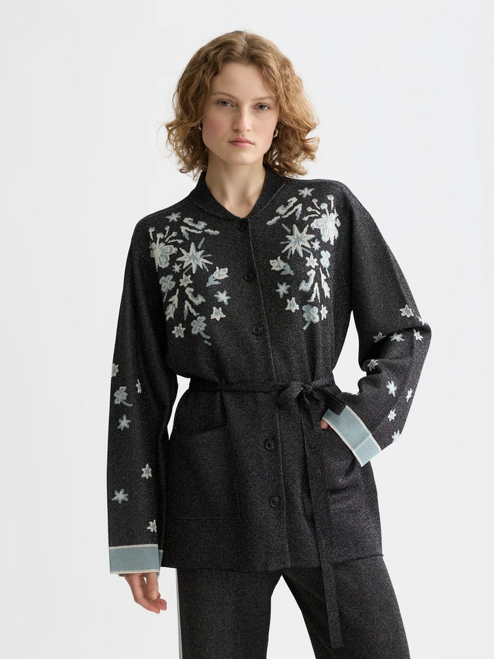 Jacquard Knitted Belted Jacket - Meteorite