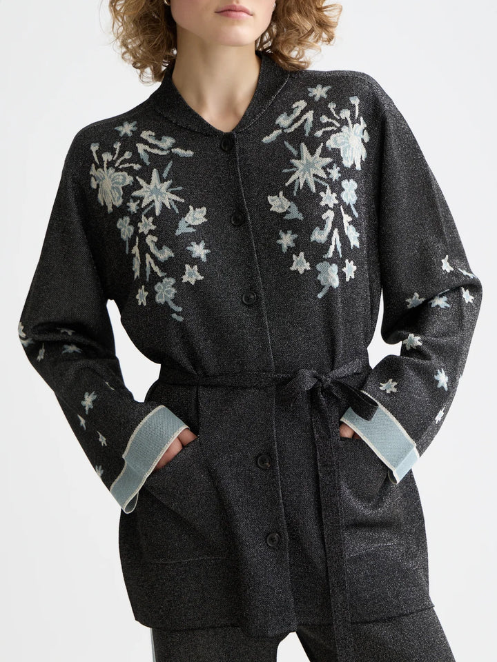 Jacquard Knitted Belted Jacket - Meteorite