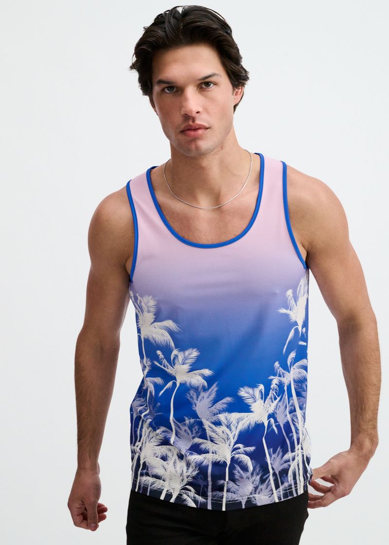 Purple/Pink Palms Printed Stretch Mesh Tank St-11145