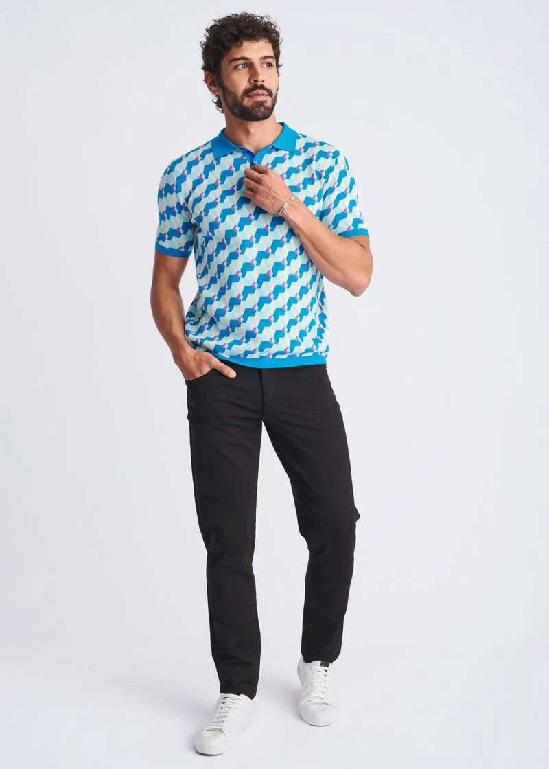 Cobalt/Teal 3D Cubes Jacquard Cotton 3-Button Knit Polo PM-16325