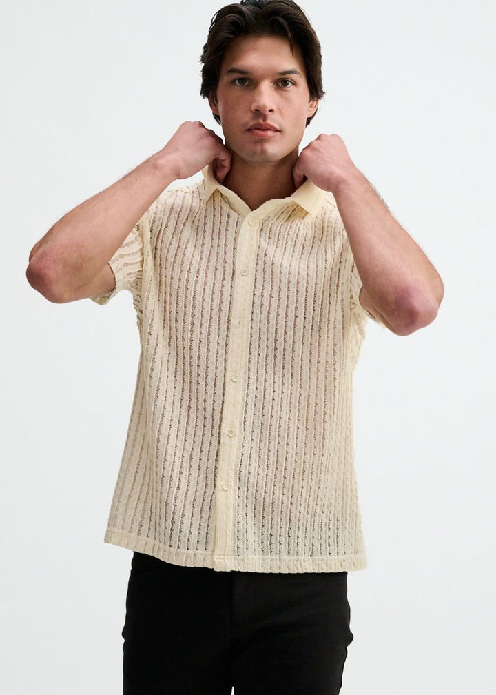 Off White Open Knit Short Sleeve Shirt W/Rib Collar St-24076