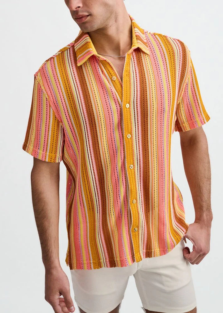 Vertical Stripe Open Knit Stretch Short Sleeve Shirt