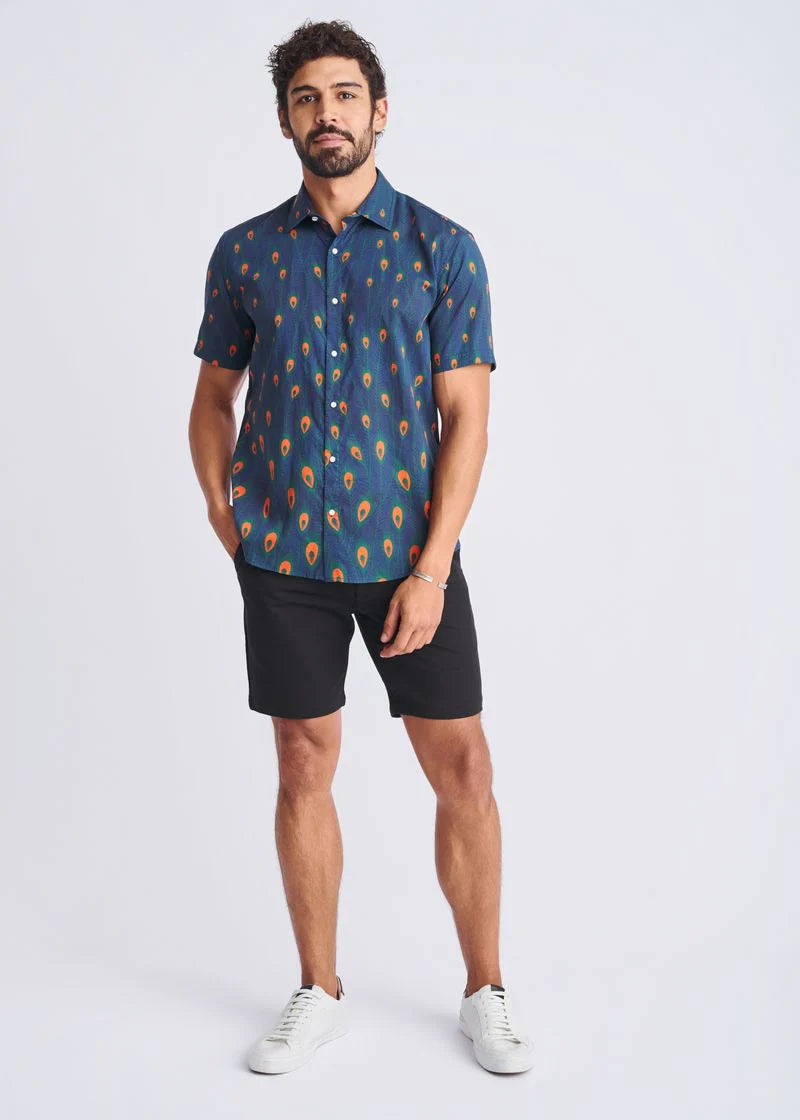 Navy/Peacock Feathers Printed Lightweight Cotton/Tencel Short Sleeve Shirt PM-47051