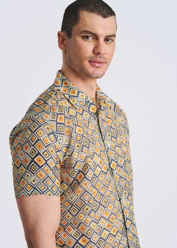 Lightweight Cotton/Silk Short Sleeve Shirt Gold/Navy Diamonds