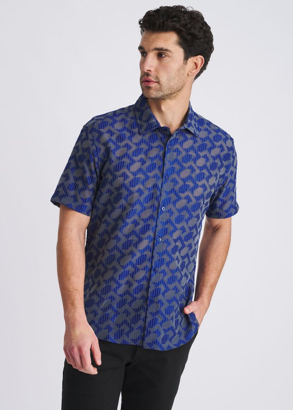 Lightweight Rhombus Jacquard Woven Short Sleeve Shirt Navy